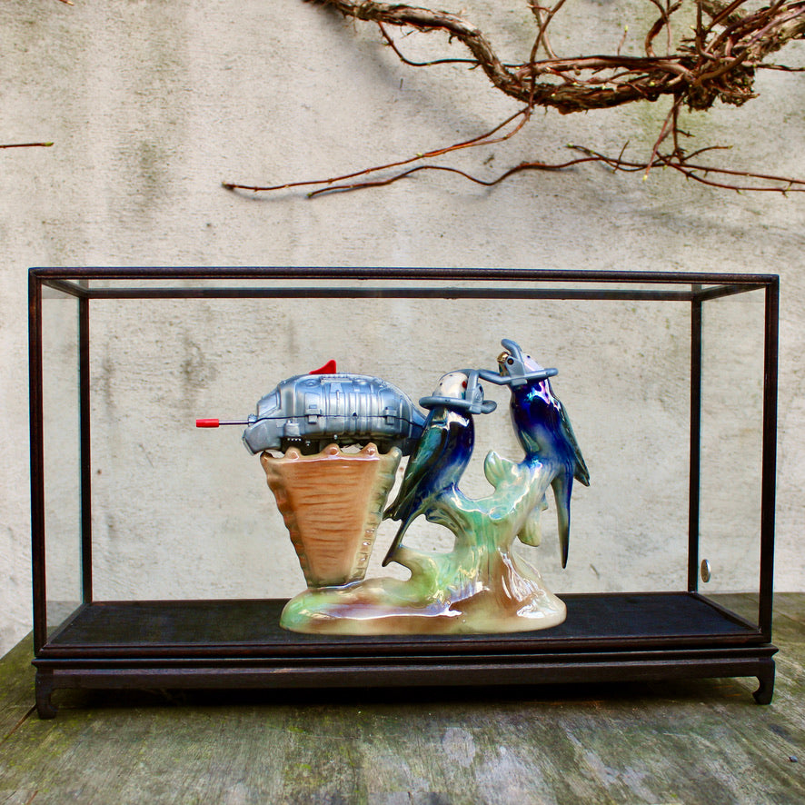 Werk 06. Space parrots in vitrinekastje 53X18X31,5cm