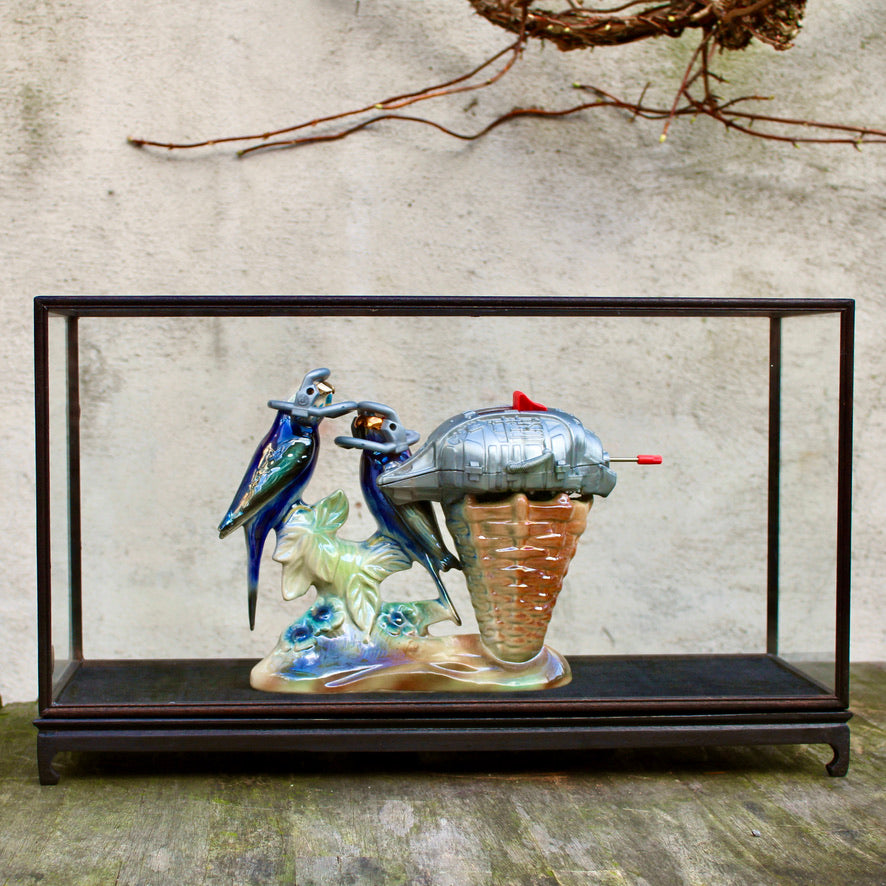 Werk 06. Space parrots in vitrinekastje 53X18X31,5cm